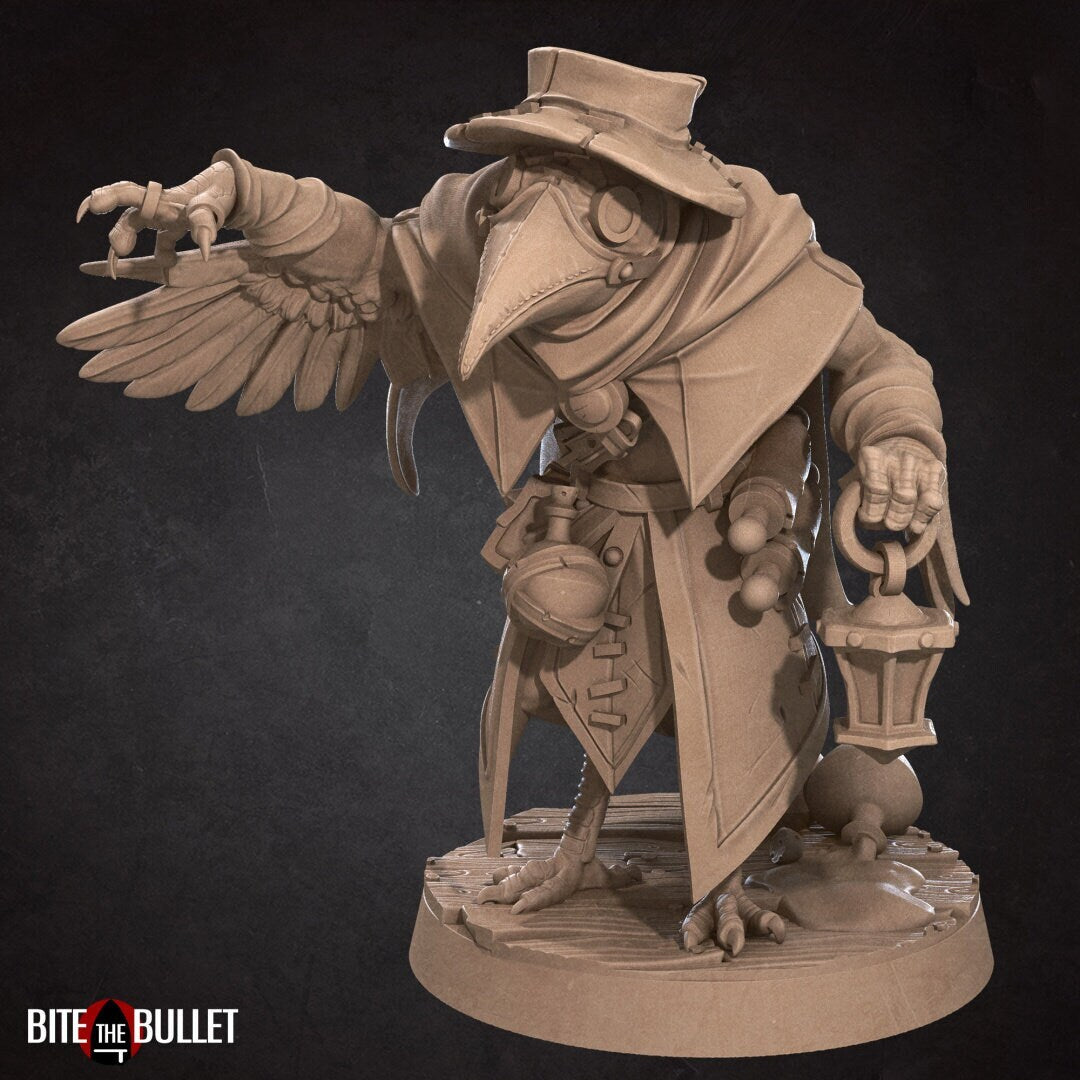 Kenku (anthropomorphic corvid) alchemist wearing a plague doctor mask and carrying a lantern; resin miniature by Bite the Bullet.